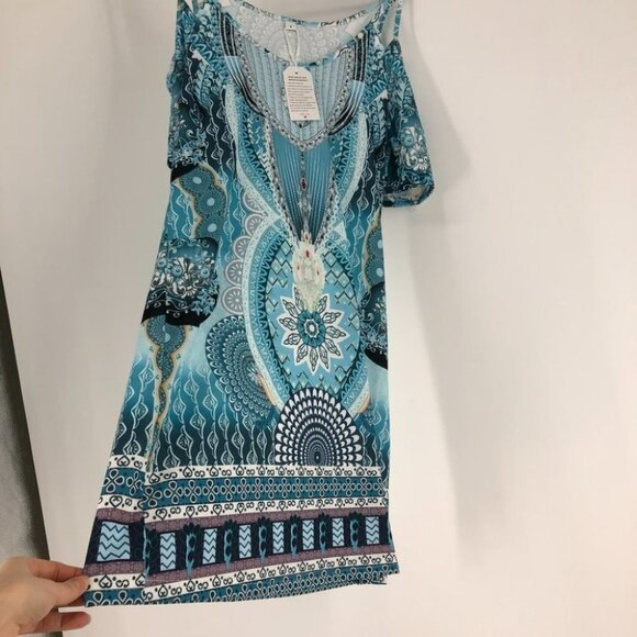 NWT teal blue cold  shoulder peacock print dress small - Picture 12 of 16